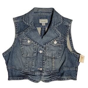 Miss Bison Womens Cropped Distressed Denim Vest with Pockets Size L Vintage NWT